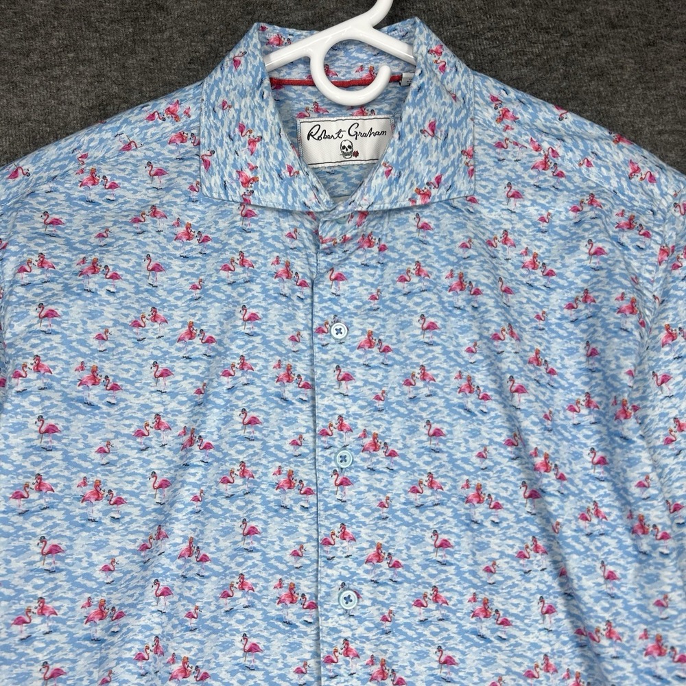 Robert Graham Shirt Tailored Fit Mens XL Blue Flamingo print Button up Flip Cuff